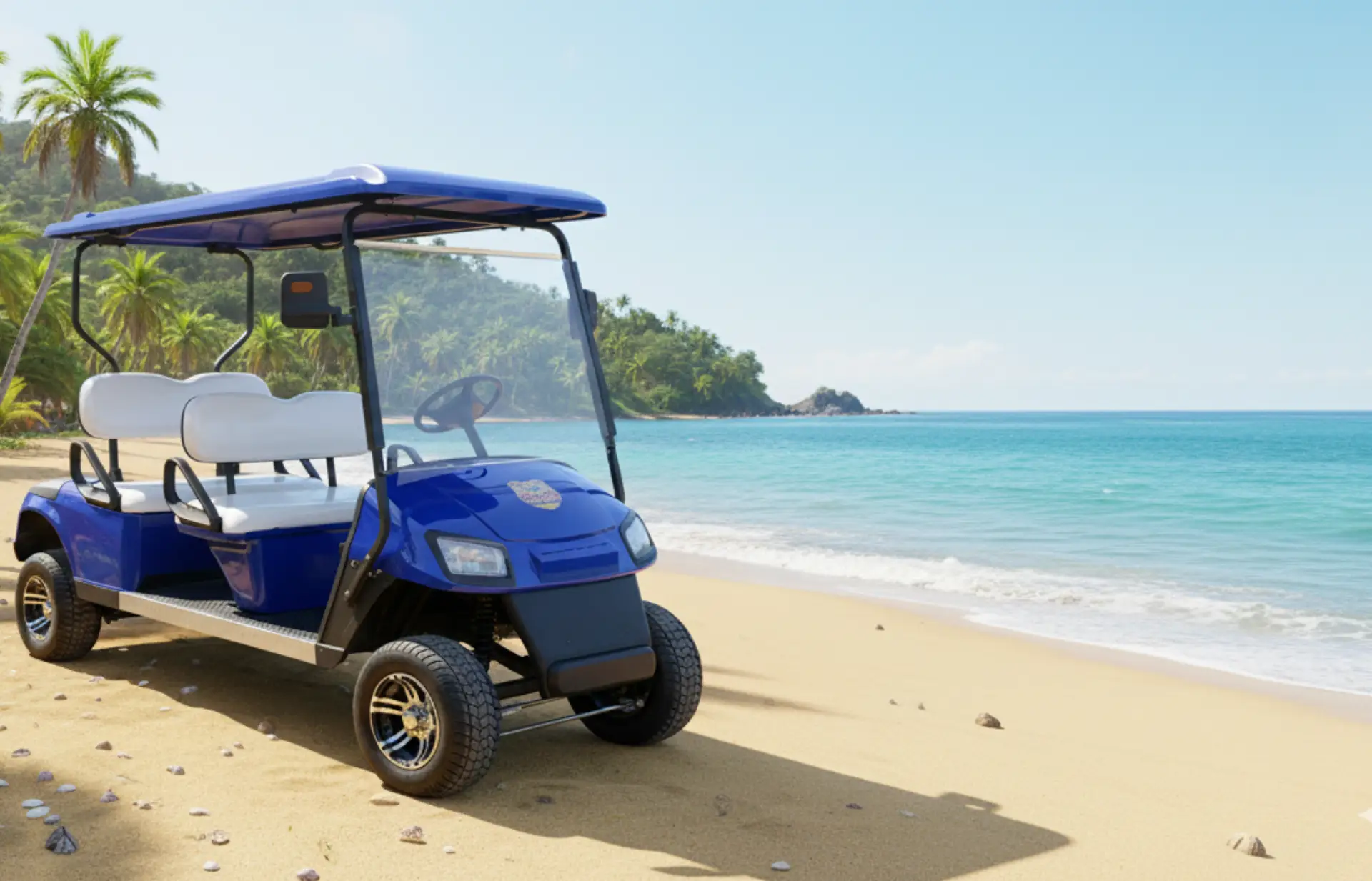 A Golf Cart from Tamarindo Elite Golf Carts parked on the beach